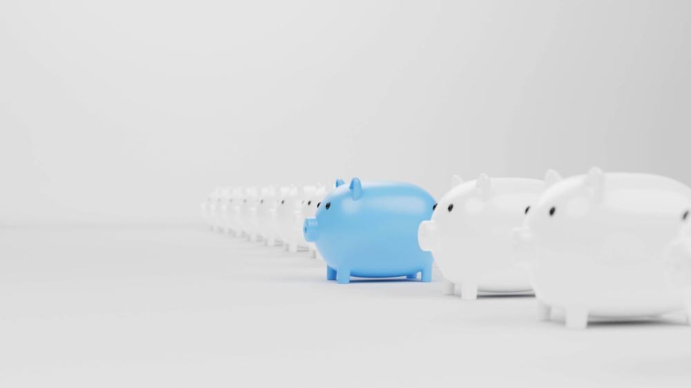 Picture of a line of piggy banks with one blue piggy bank
