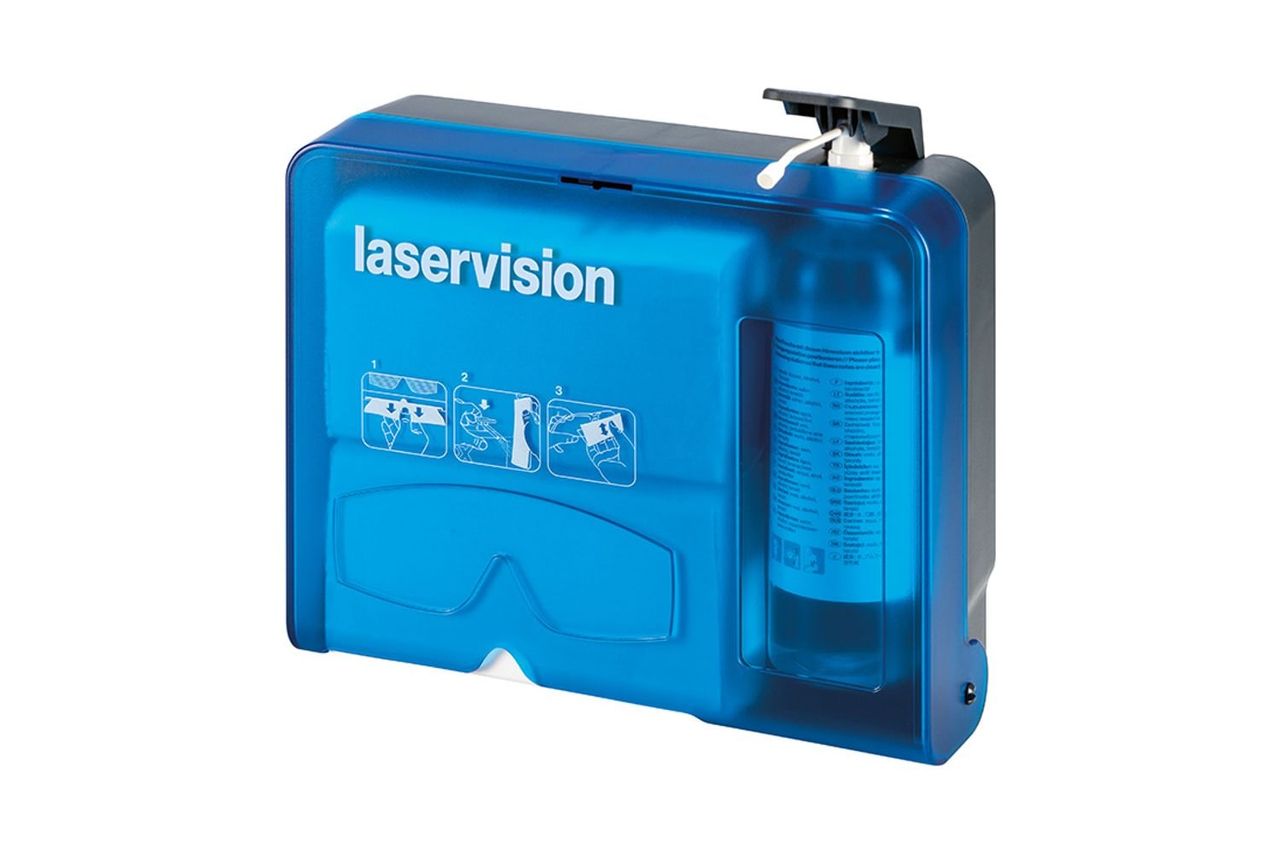 Wall-mounted uvex laservision cleaning station model 1300 with the fluid bottle and dispenser