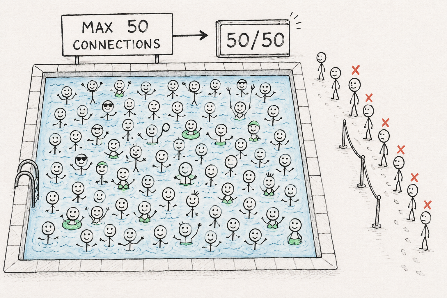A hand-drawn diagram of a pool of water with 50 swimming figures in it, all tightly packed. New figures are queueing up on the outside trying to get in. Some in the queue have X marks above their heads (they've timed out). Use sketch style with some figures looking stressed.