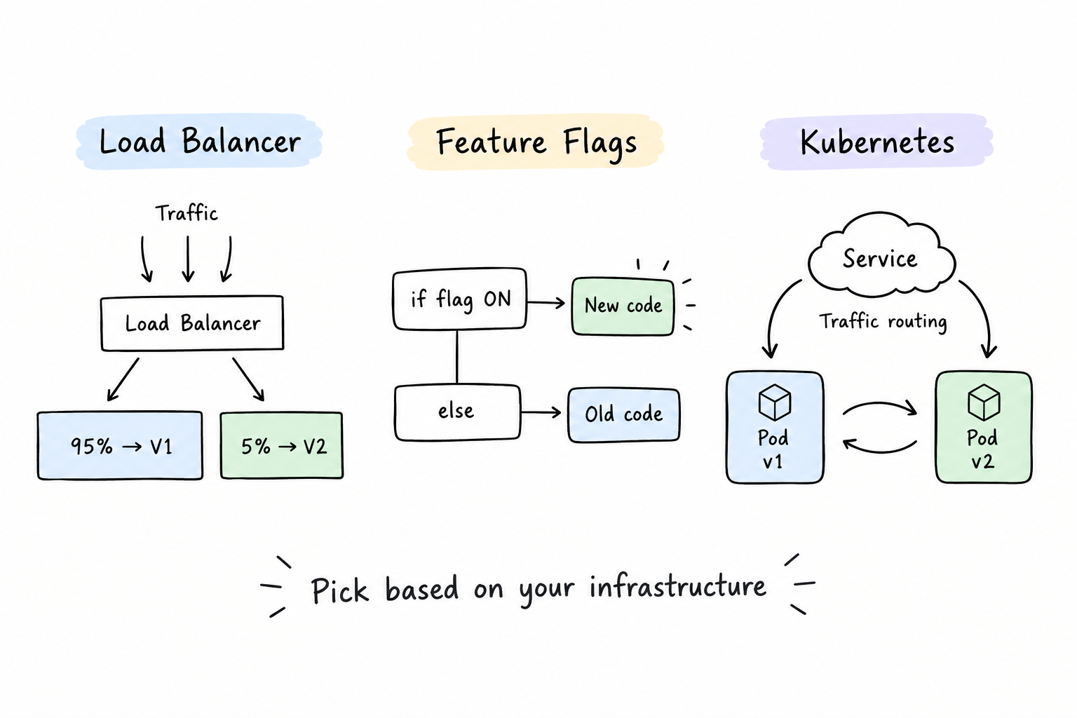 A minimal three-stack comparison of deployment strategies. Stack 1: 