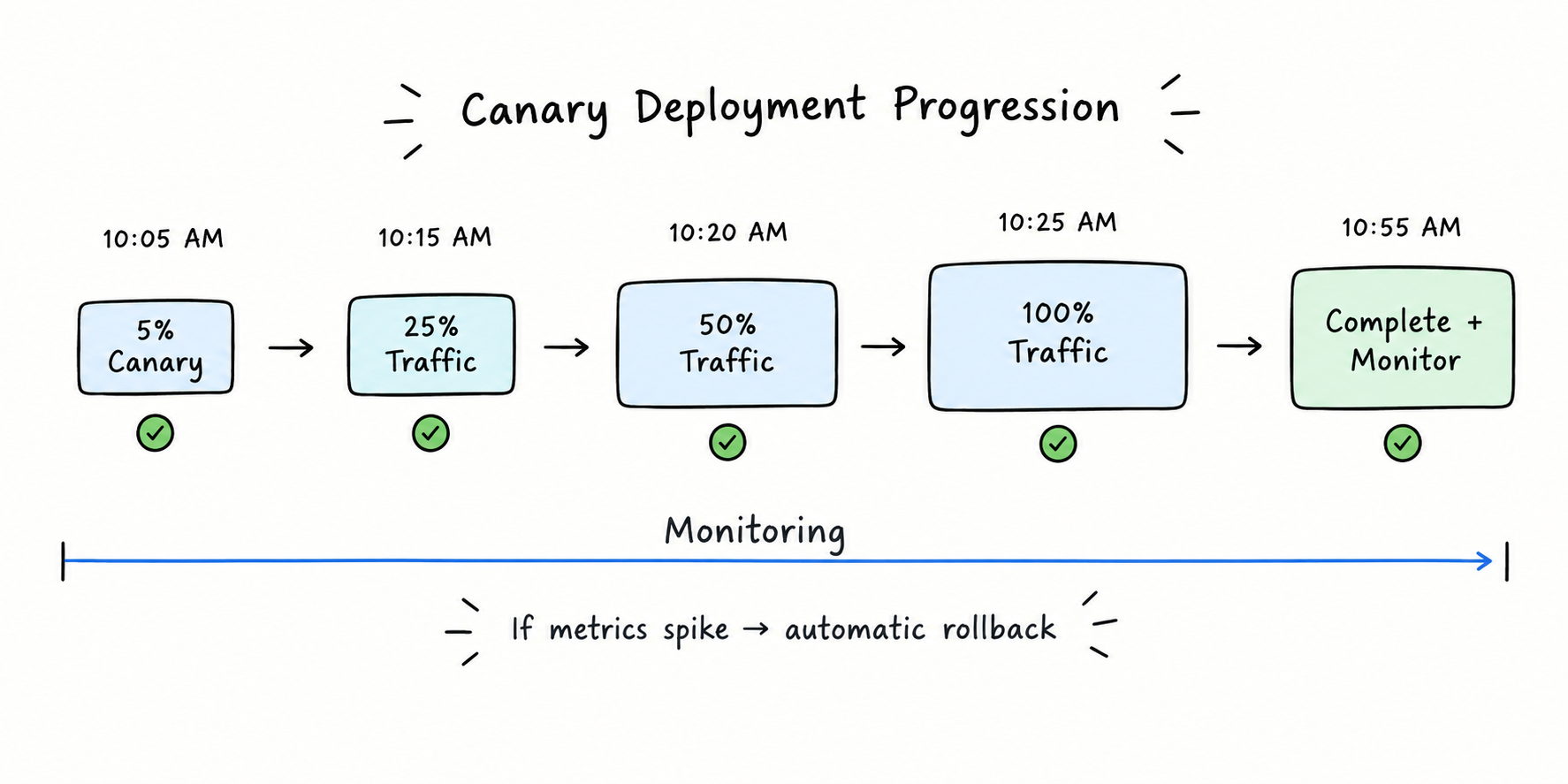A minimal timeline showing canary deployment progression. Horizontal timeline with 5 stages: 