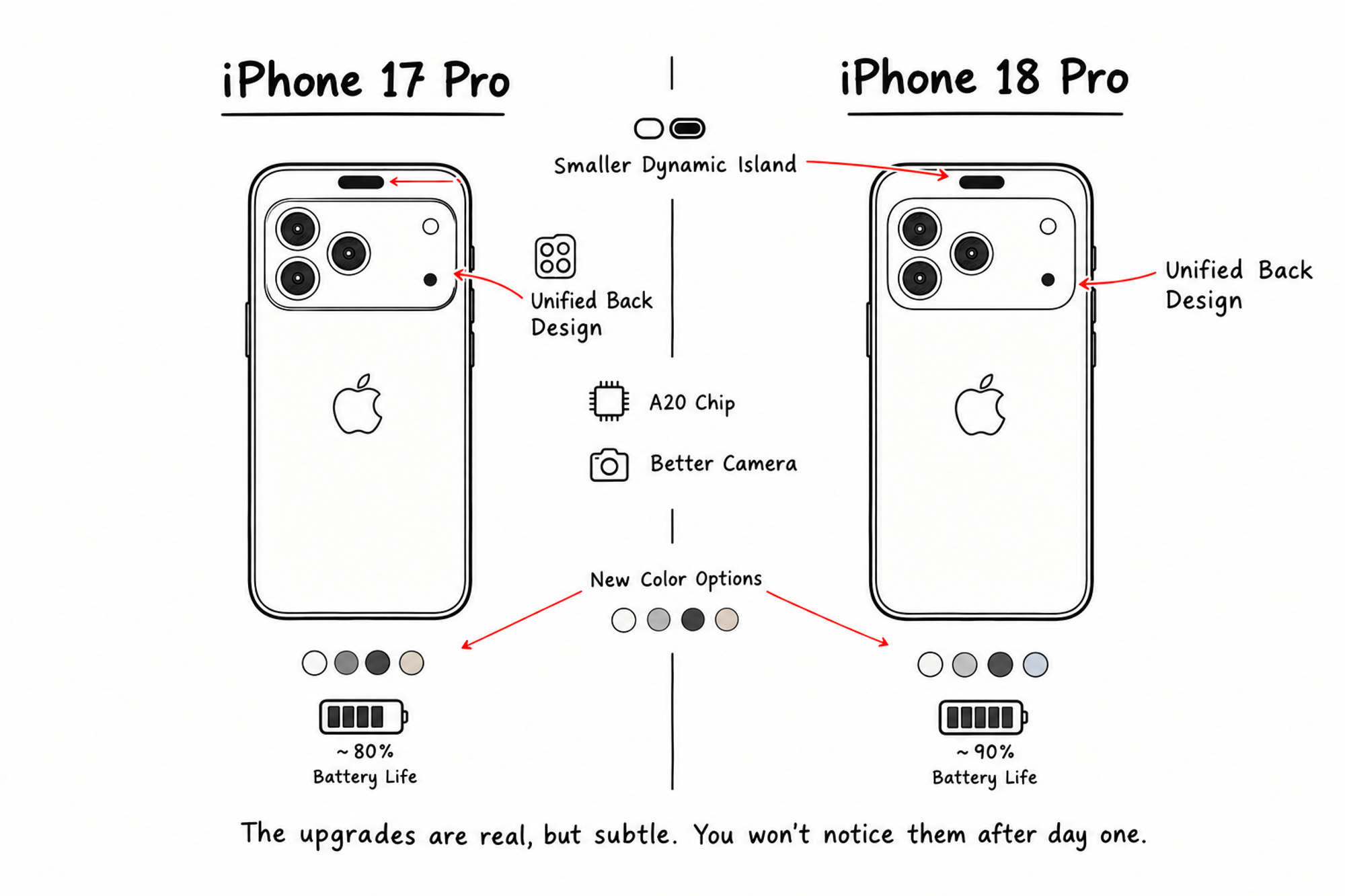 A minimal two-phone comparison sketch. Left: iPhone 17 Pro. Right: iPhone 18 Pro. Show them almost identical except for tiny differences — slightly smaller notch at top, slightly more unified colors on back. At bottom, label: 