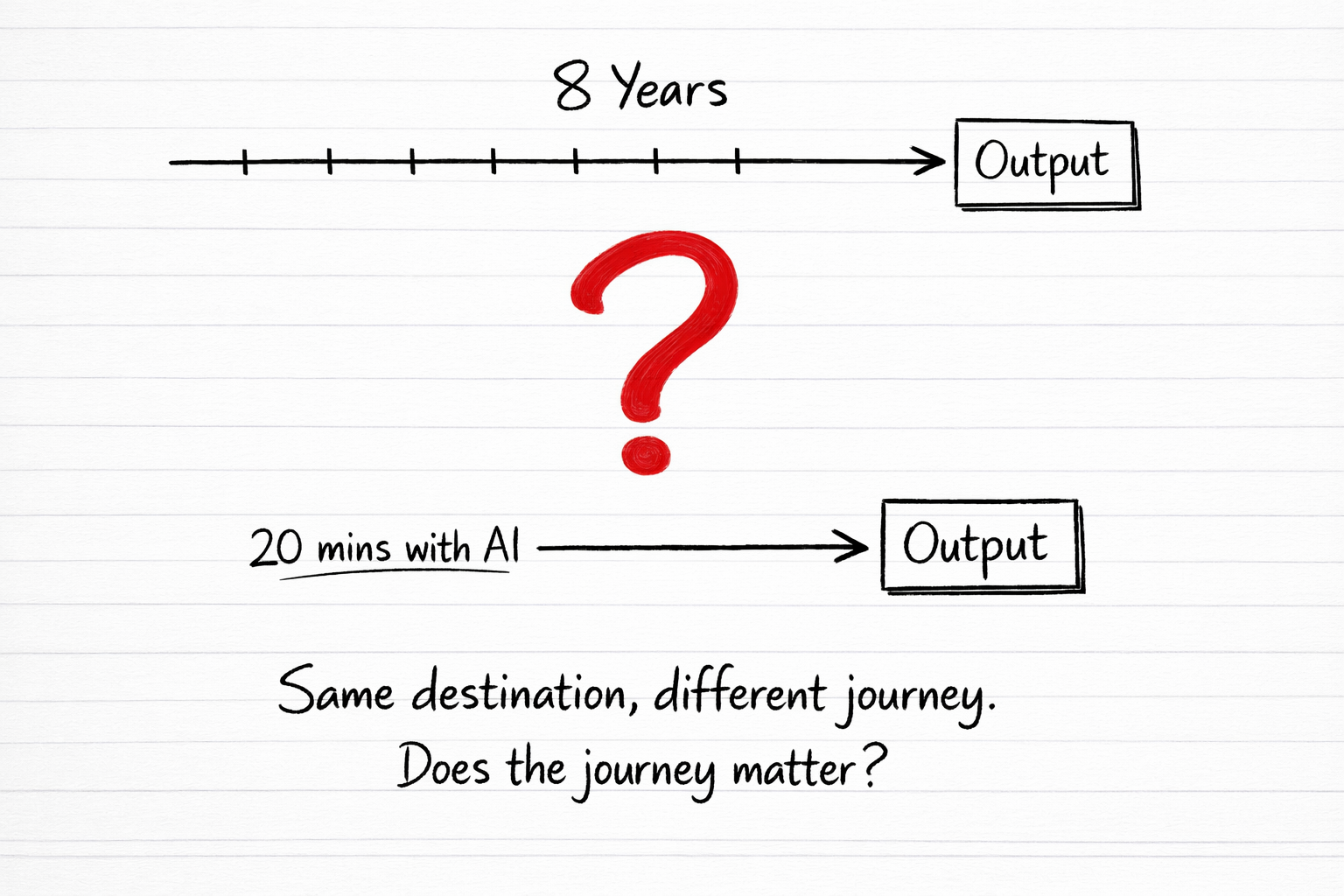 A hand-drawn timeline showing 8 years of learning on top, and 20 minutes with AI on the bottom. Both arrive at the same output box. A question mark between the two paths.