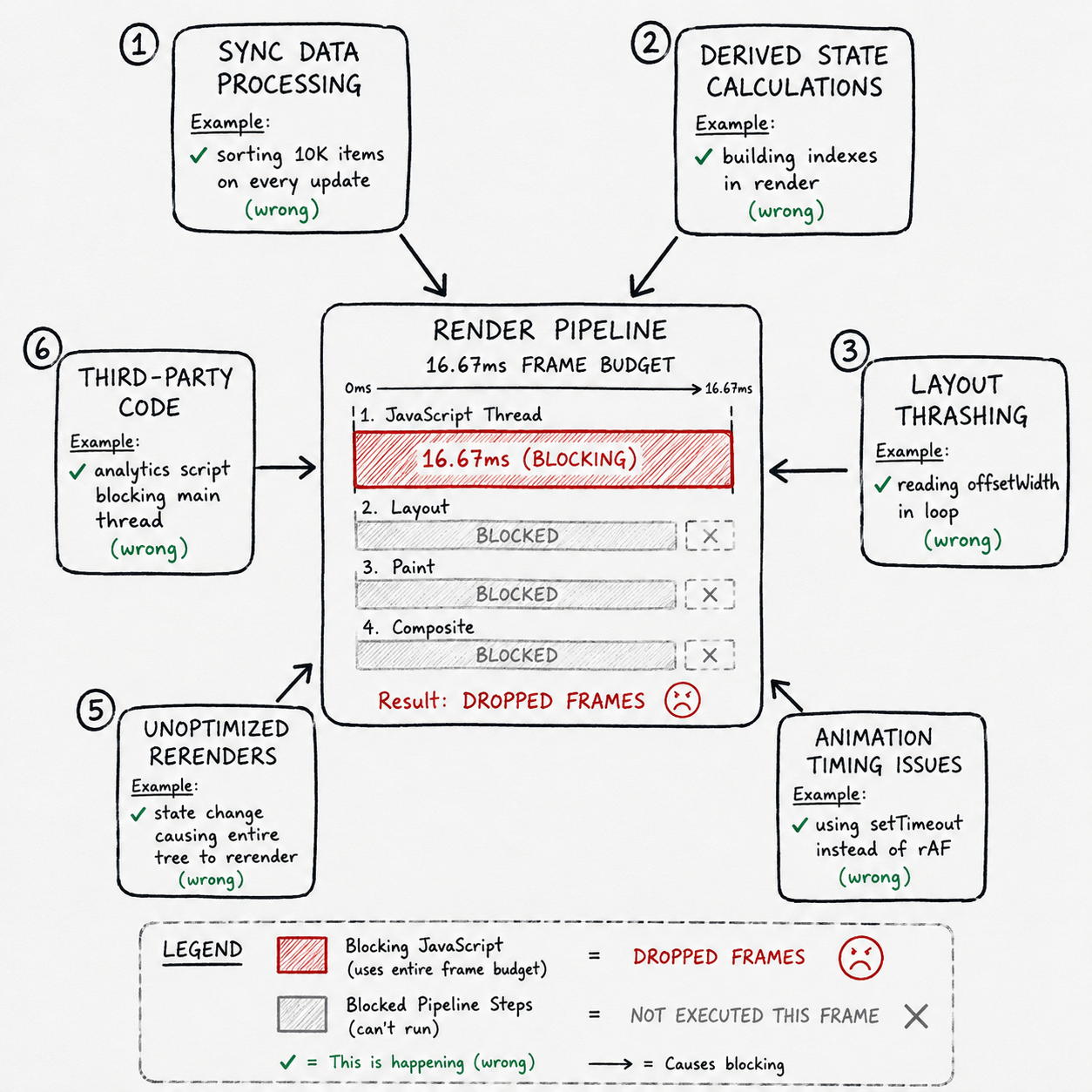 A hand-drawn flowchart showing six different timing bug patterns. Each as a box: 