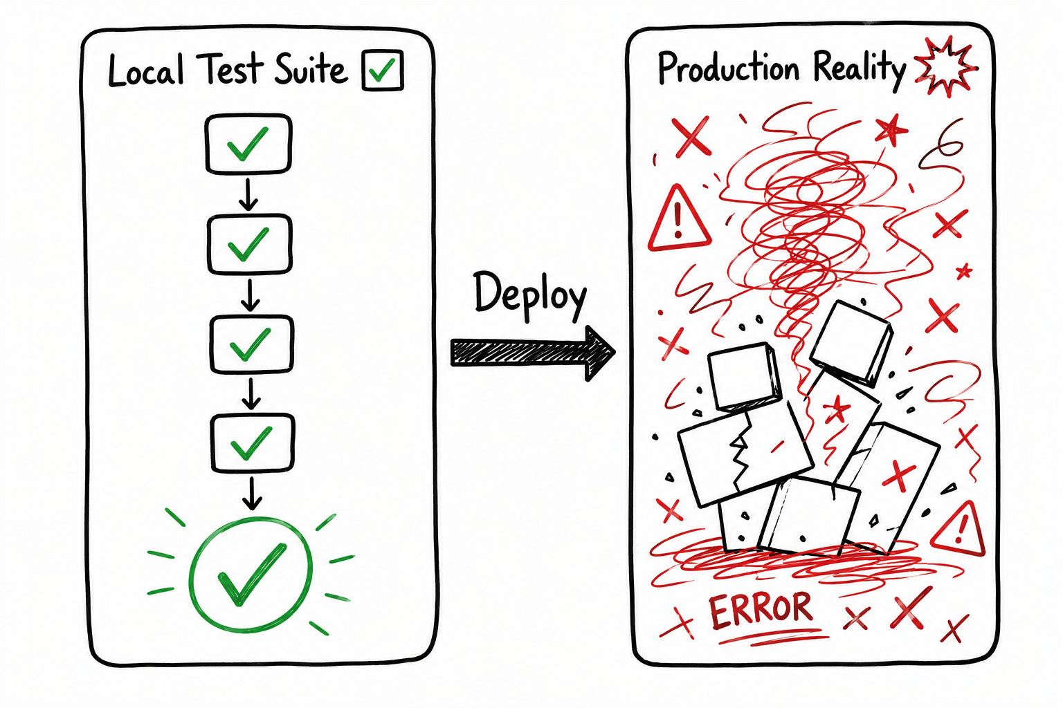 A hand-drawn flowchart showing: Test Suite with all green checkmarks, arrow pointing right, then Production with X marks and explosion symbols. Caption: