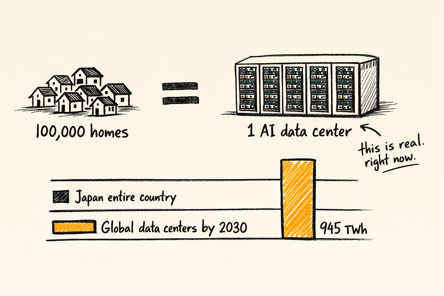 Scale comparison: one AI data center vs 100,000 homes