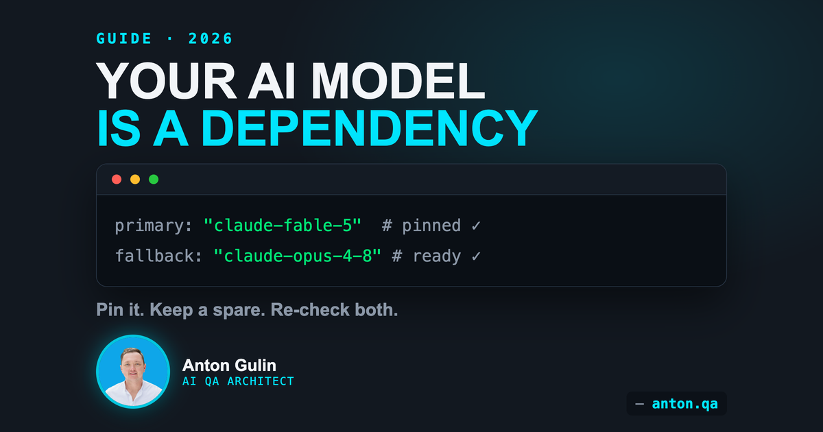 Dark code-style card reading 'Your AI model is a dependency' with a pinned config line marked green and a floating one marked red.