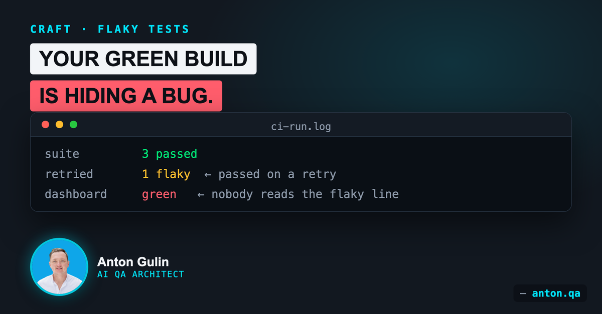 Dark code card showing a CI run where a failed test passes on a retry in isolation, marked flaky in yellow, with the caption that nobody reads the flaky count.