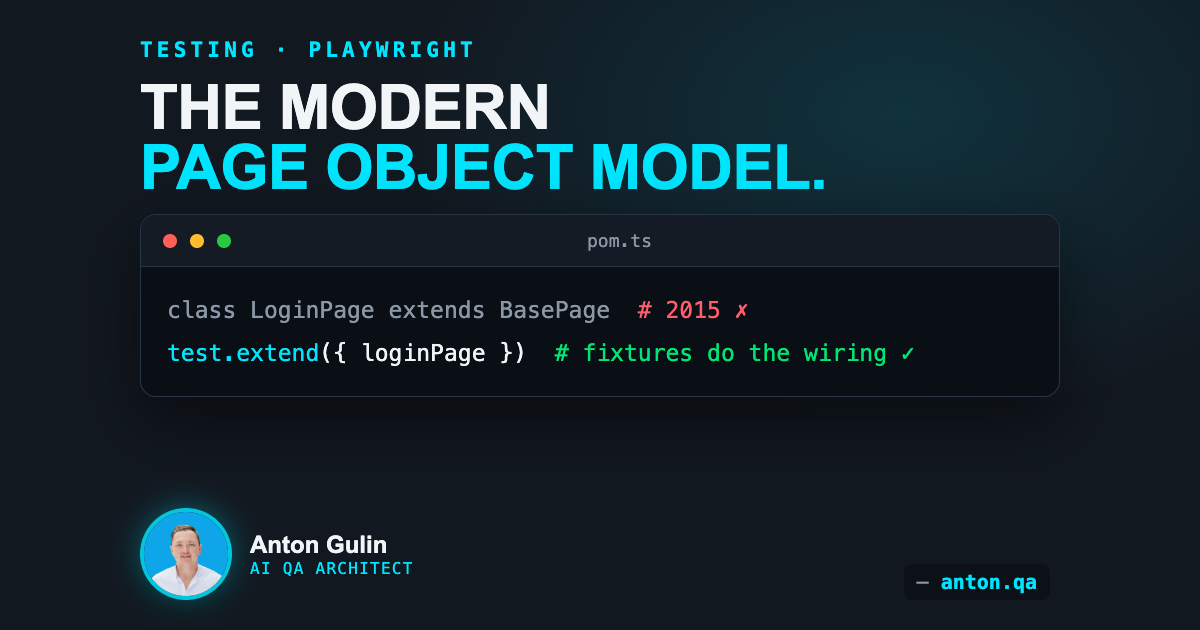 Dark code-style card reading 'The modern page object model' with a 2015 inheritance line marked red and a fixtures line marked green.
