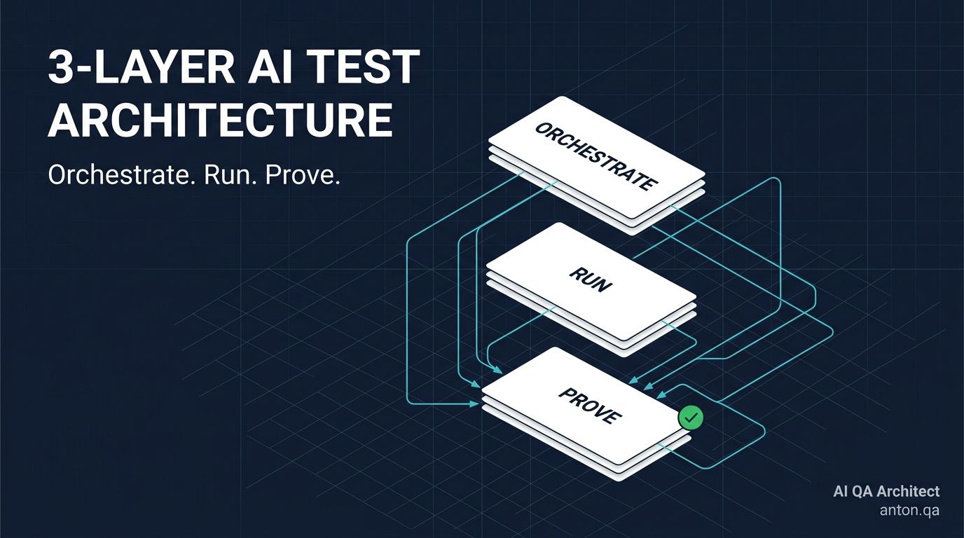 AI Test Automation Architecture: The 3-Layer System  AI test automation architecture is the system that tells AI what to test.  It also defines how to run tests and prove the result.  I split it into three layers: orchestration, execution, and evidence.  Without all three, AI testing becomes prompt output with no production gate.