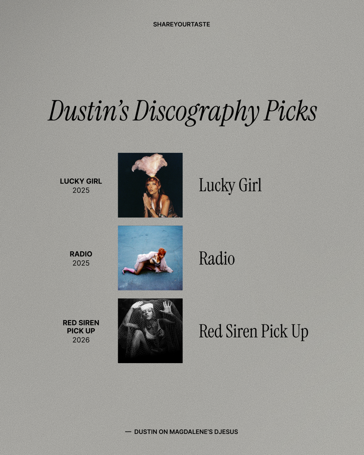 Dustin's discography picks: "Lucky Girl," "Radio," and "Red Siren Pick Up."