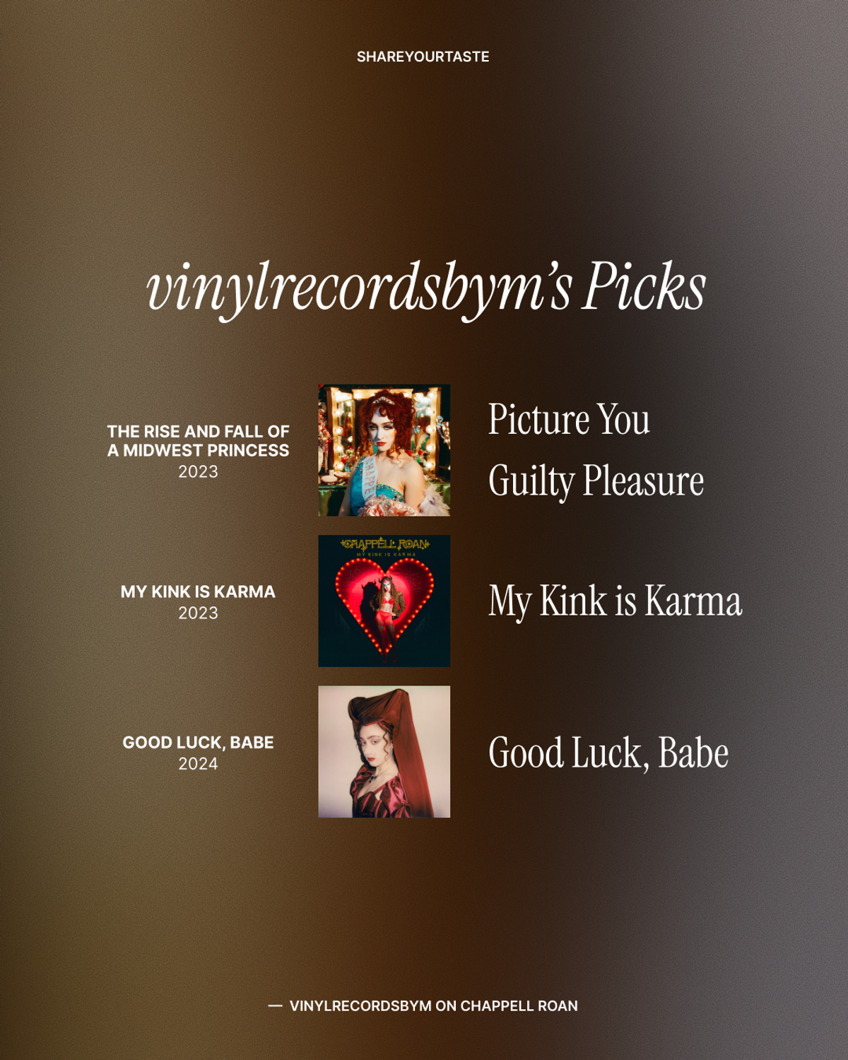 vinylrecordsbym's picks: from "The Rise and Fall of a Midwest Princess": "Picture You," "Guilty Pleasure," and "My Kink is Karma"; and "Good Luck, Babe."
