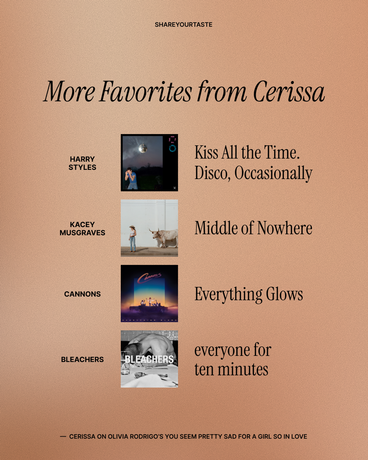 More album favorites from Cerissa: Harry Styles’s Kiss All the Time. Disco, Occasionally, Kacey Musgraves’s Middle of Nowhere, Cannons’s Everything Glows, and Bleachers’s everyone for ten minutes.