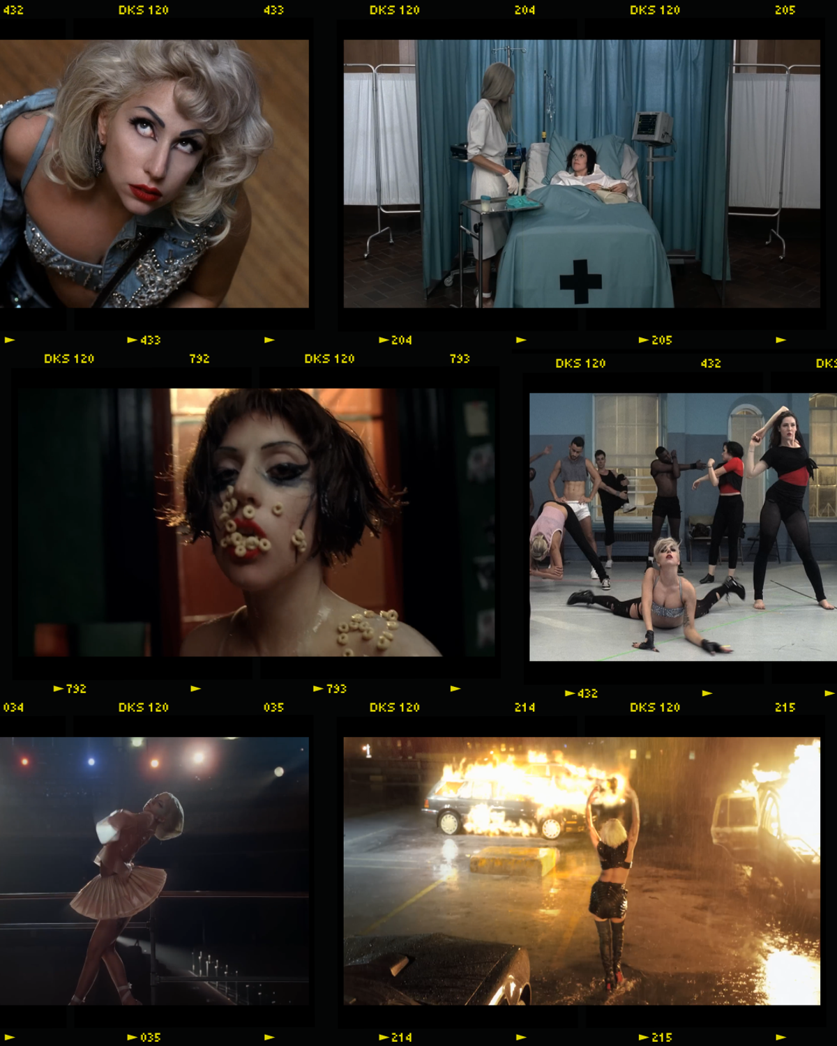 Six different stills from the "Marry the Night" music video depicting Gaga and the storytelling around her story.