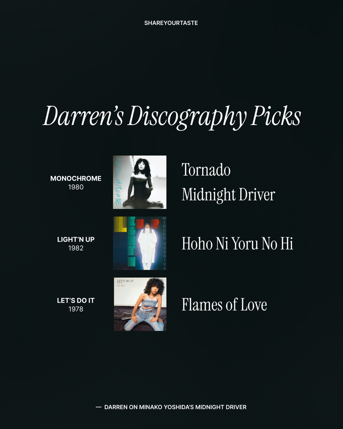 Darren’s discography picks: from “Monochrome”: “Tornado” and “Midnight Driver”; from “Light’n Up”: “Hoho Ni Yoru No Hi”; and from “Let’s Do It”: “Flames of Love.”