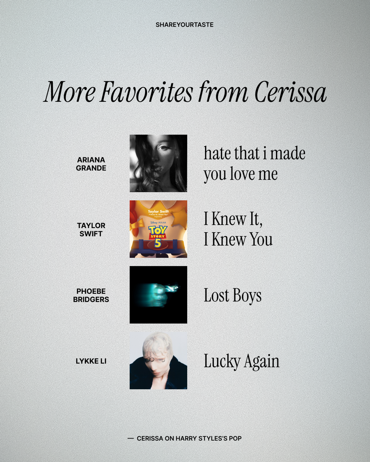 More song favorites from Cerissa: Ariana Grande's Hate that I Made You Love Me, Taylor Swift's I Knew It, I Knew You, Phoebe Bridgers's Lost Boys, and Lykke Li's Lucky Again.