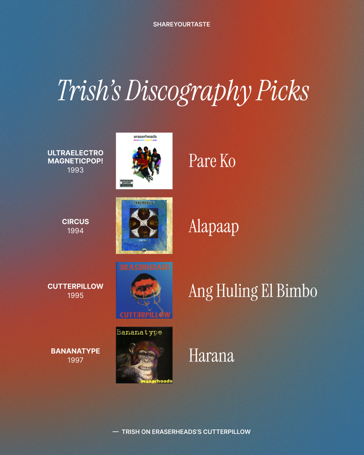Trish's discography picks, from "Ultraelectromagneticpop!": "Pare Ko"; from "Circus": "Alapaap"; from "Cutterpillow": "Ang Huling El Bimbo"; and from "Bananatype": "Harana."