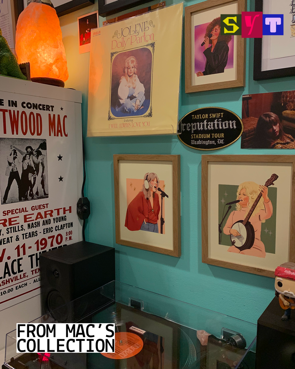 Mac's vinyl setup with illustrations from various artists on the wall.