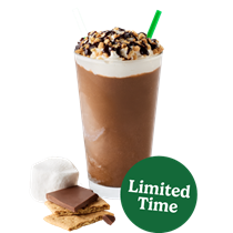 A frozen latte topped with smore's chocolate and graham cracker