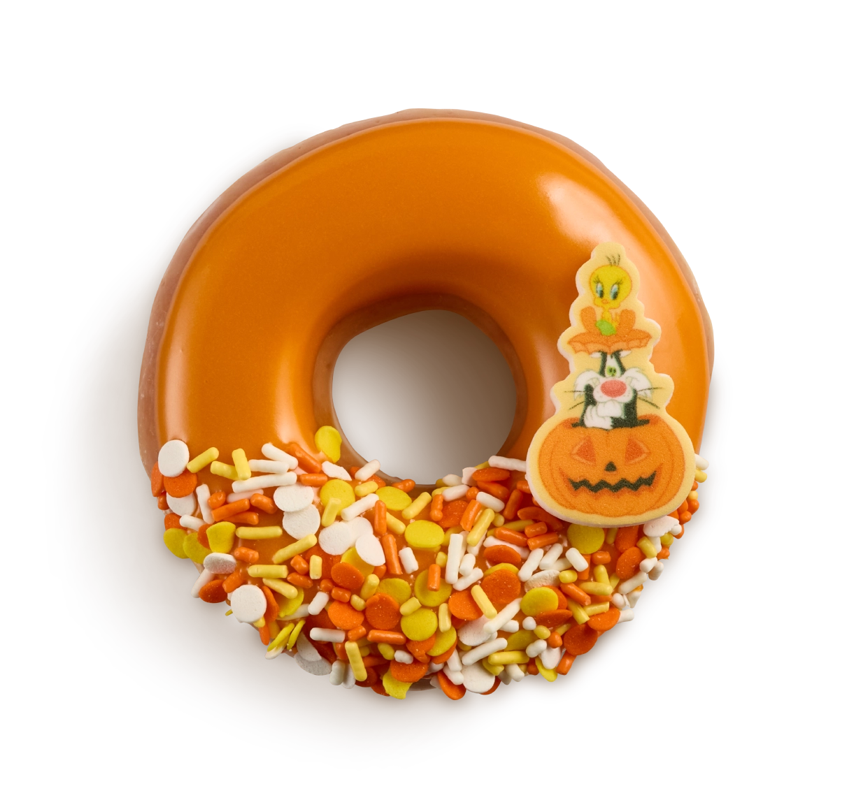 tweety and sylvester donut from krispy kreme's looney tunes halloween doughnut collection