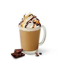 Caramel Mocha latte with whipped cream and chocolate, caramel drizzle on top