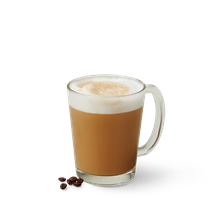 Latte with froth on top in a glass mug