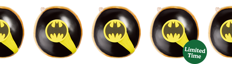Batman™ Doughnut with cookies & Kreme™ filling, black chocolate icing, yellow Bat-Signal™ streak, and Batman™ piece