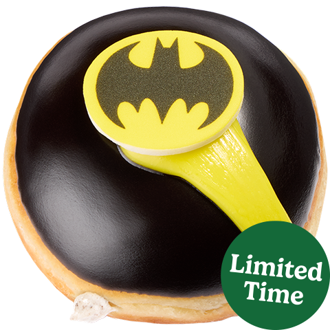 Batman™ Doughnut with cookies & Kreme™ filling, black chocolate icing, yellow Bat-Signal™ streak, and Batman™ piece