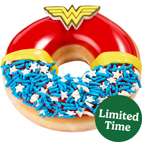 Wonder Woman™ Doughnut with red raspberry icing, blue sprinkles, white stars, and topped with a Wonder Woman™ belt and emblem