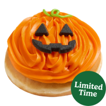 Jack-O-Lantern Doughnut from Krispy Kreme Halloween Doughnuts - shell doughnut with orange colored buttercreme and sugar piece eyes and mouth