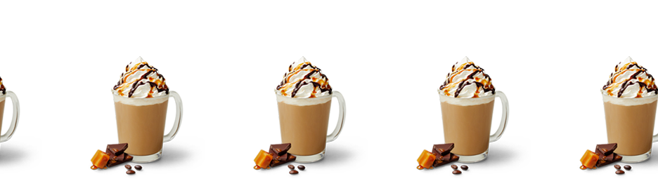 Multiple Caramel Mocha lattes with whipped cream and chocolate, caramel drizzle on top