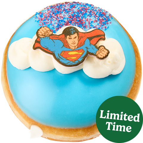 Superman™ Doughnut filled with white Kreme™, topped with light blue icing, buttercreme clouds, Superman™ piece, and themed sprinkles