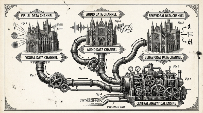 TRIBE v2 tri-modal architecture — three data streams converging into a brain map