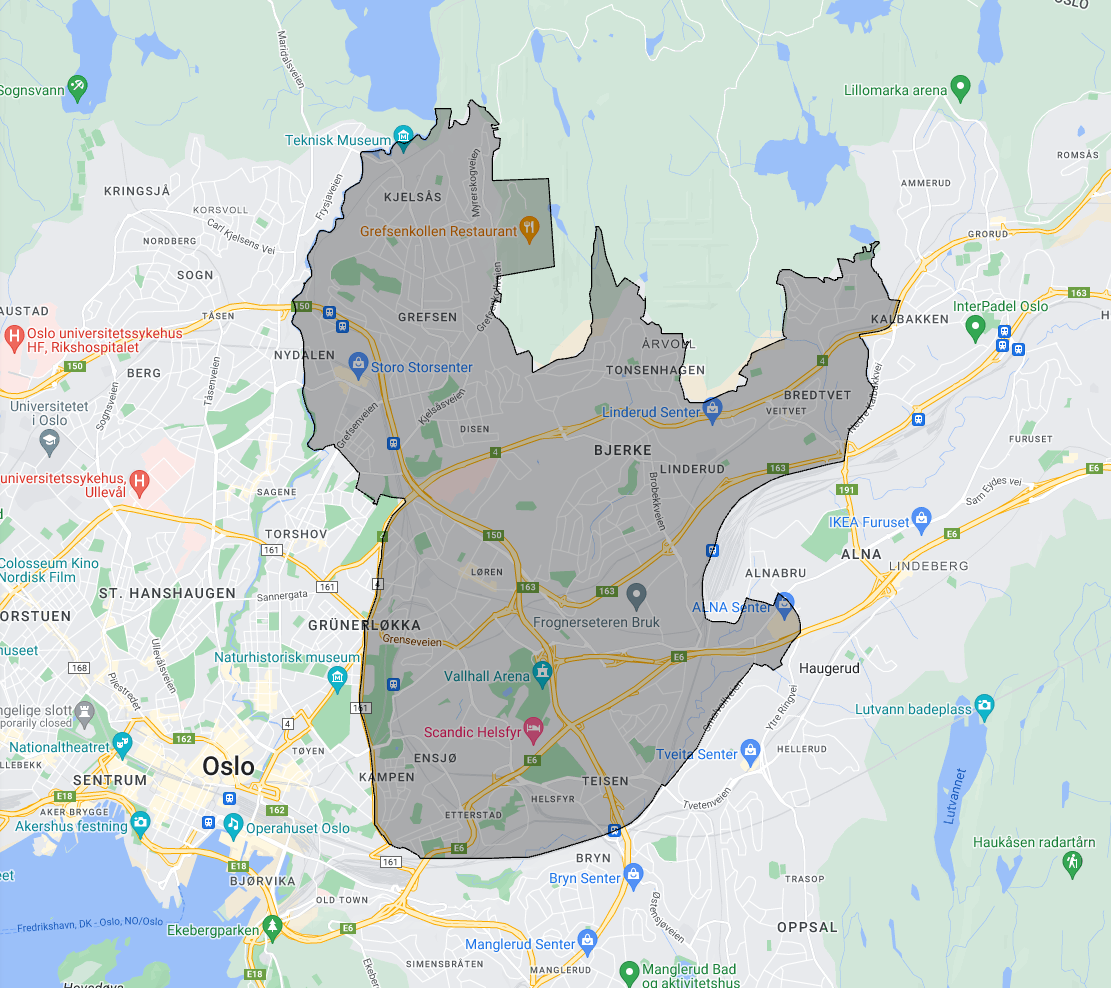 Kart: Området tjenesten er rullet ut i. Kilde: https://ruter.no/reise/bestillingstransport/hent/?id=25353