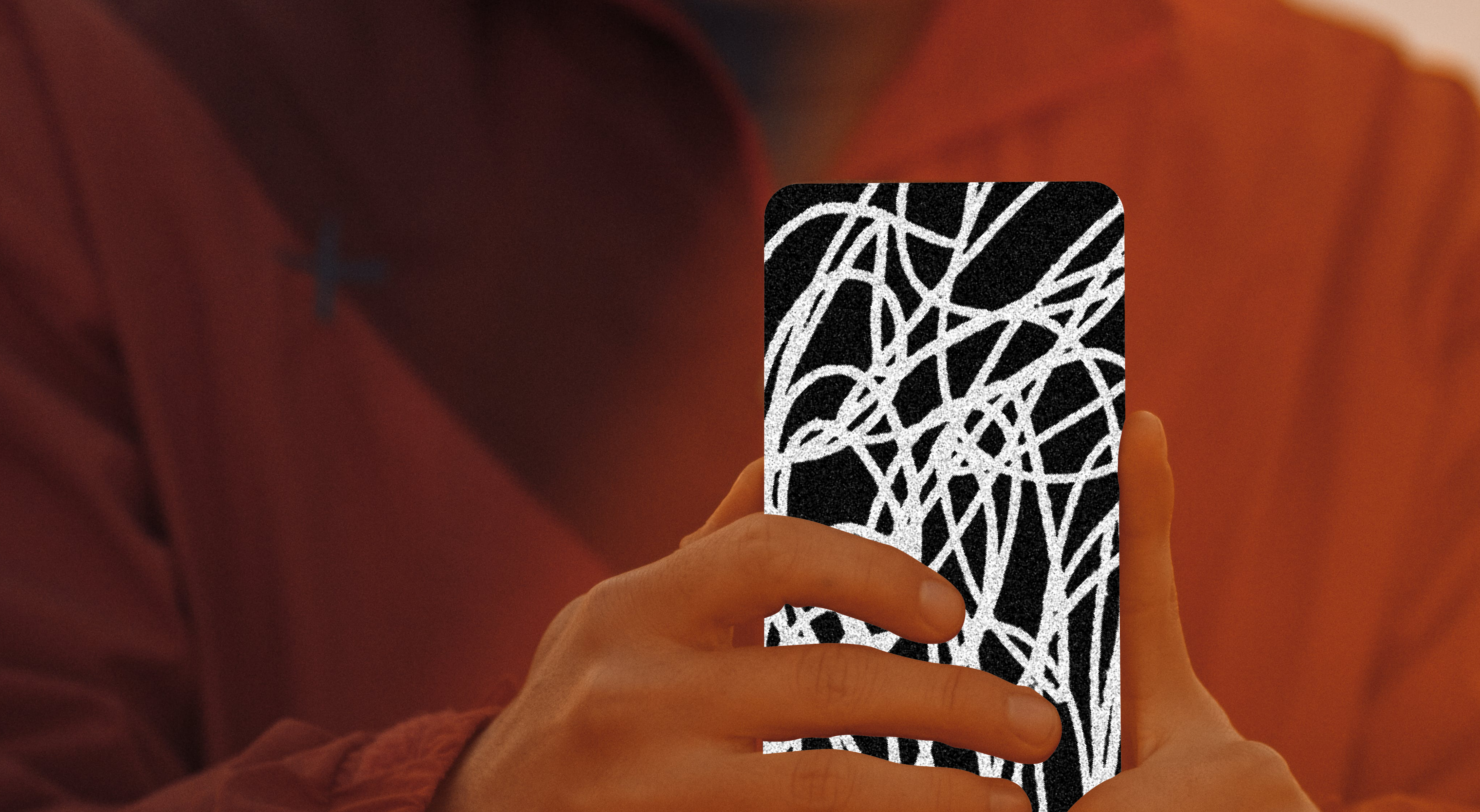 An image of a person holding a phone that is obscured by abstract scribbes