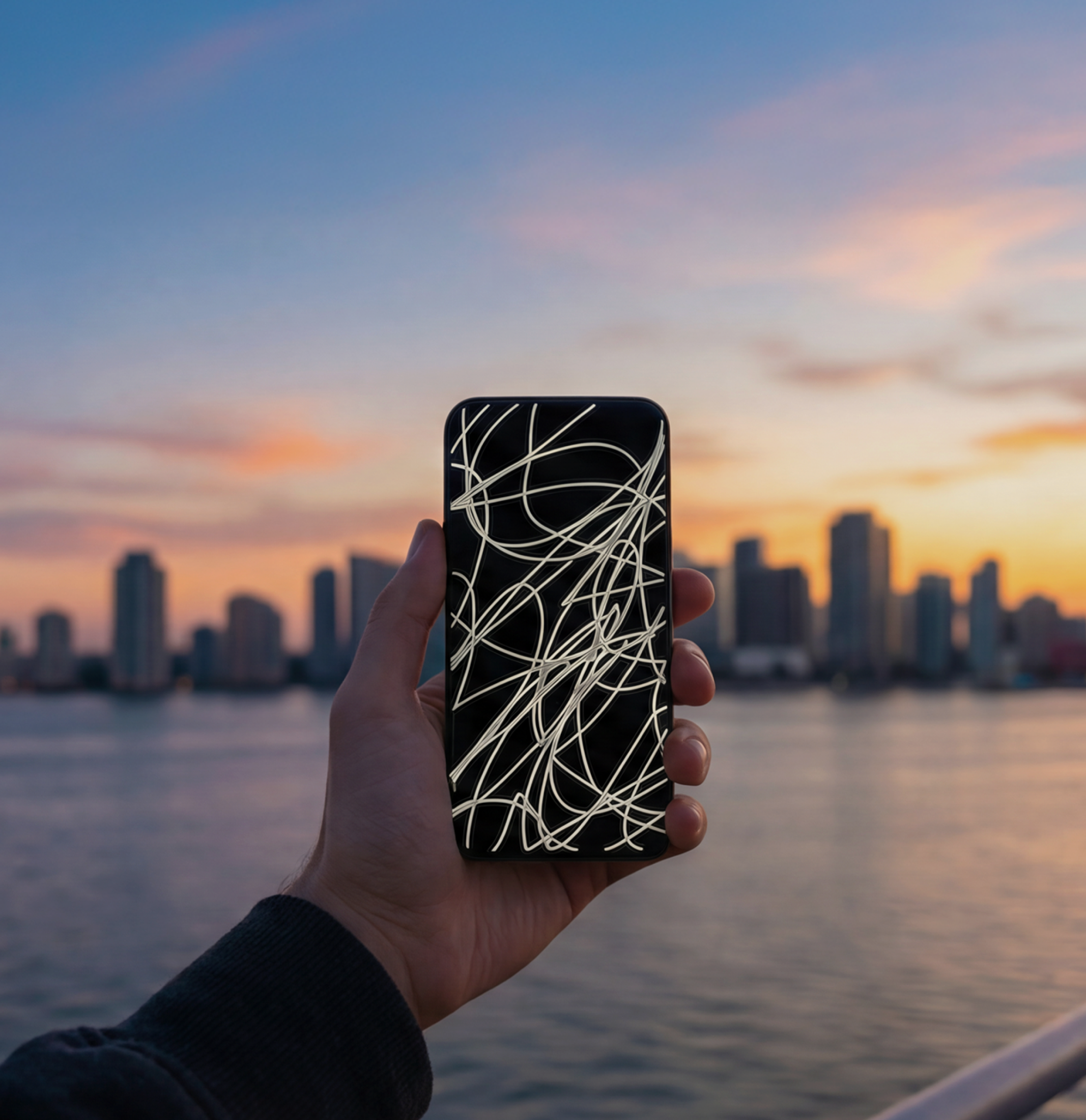 a hand holding a phone in front of a city