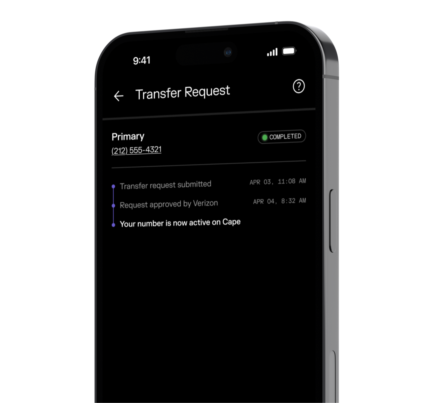 Cape app showing a completed number transfer request
