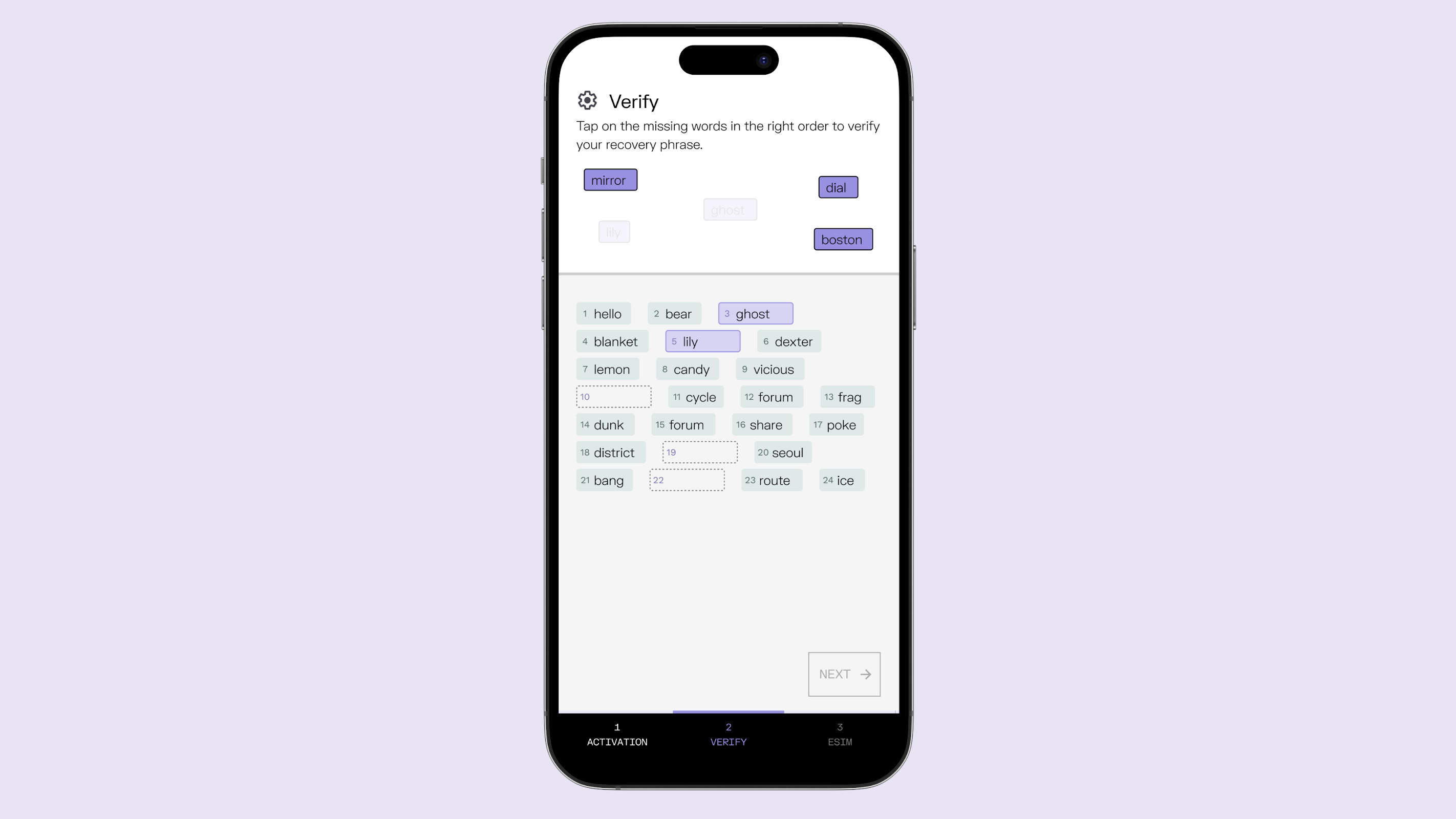 An image of a phone with the Cape app open showing how you verify your recovery phrase