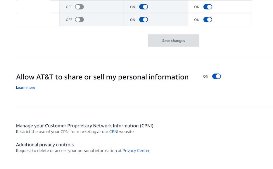 A screenshot of the AT&T information sharing options