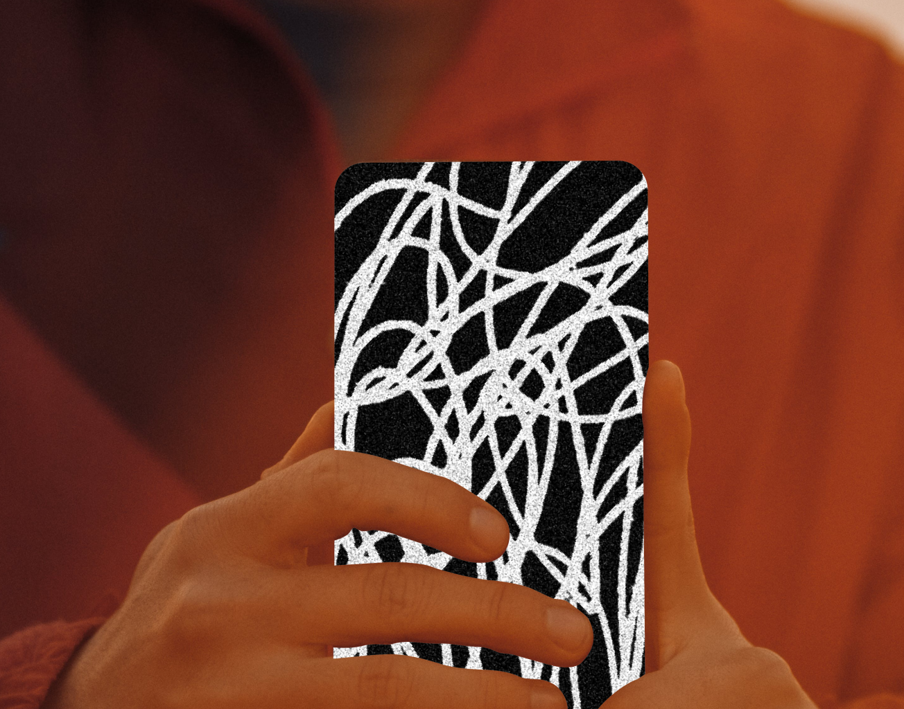 An image of a person holding a phone that is obscured by abstract scribbes