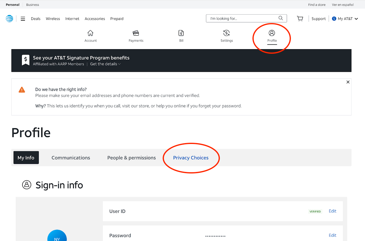 A screenshot of the AT&T profile page