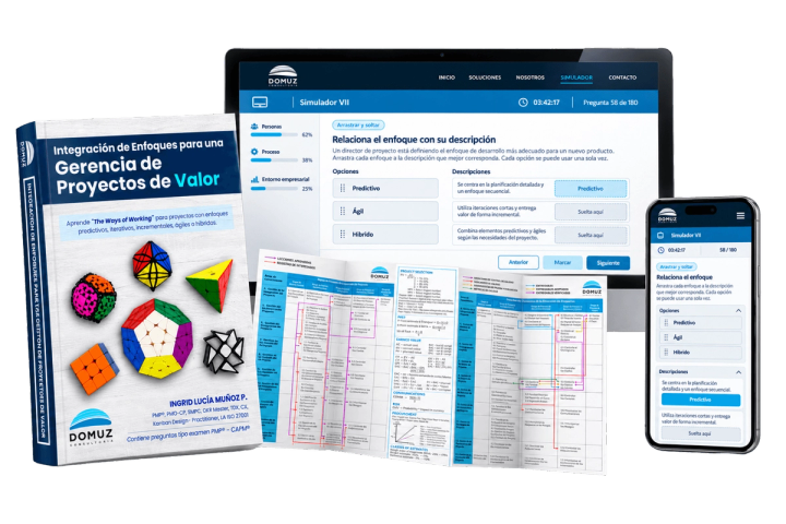 Libro, plegable y simulador de DOMUZ mostrados juntos en libro impreso, pantalla y teléfono