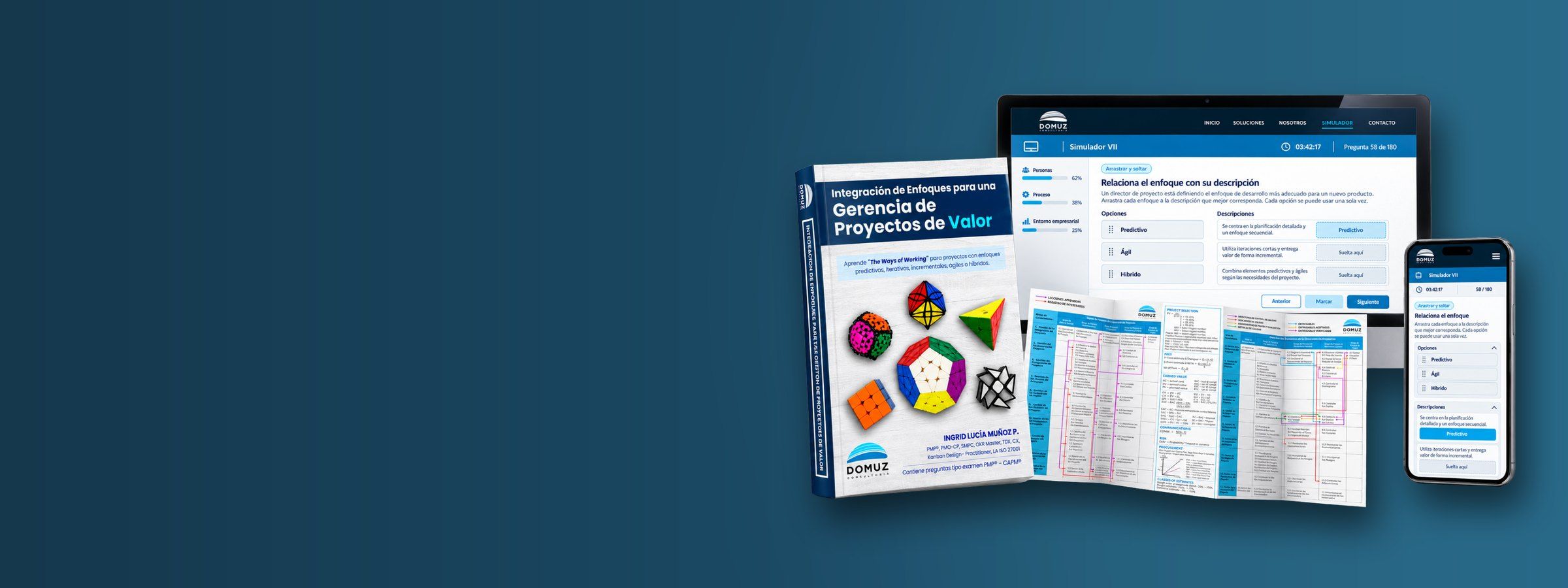 Libro, plegable, portátil y teléfono con el simulador de DOMUZ mostrados juntos sobre fondo azul