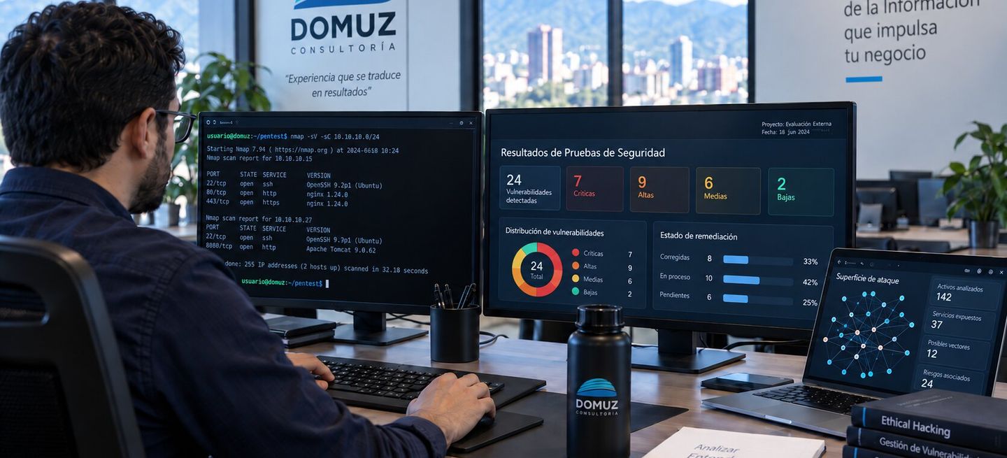 Profesional de ciberseguridad revisando resultados técnicos de una prueba controlada