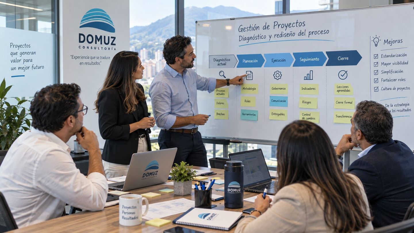 Consultores y líderes revisando el proceso actual de gestión de proyectos