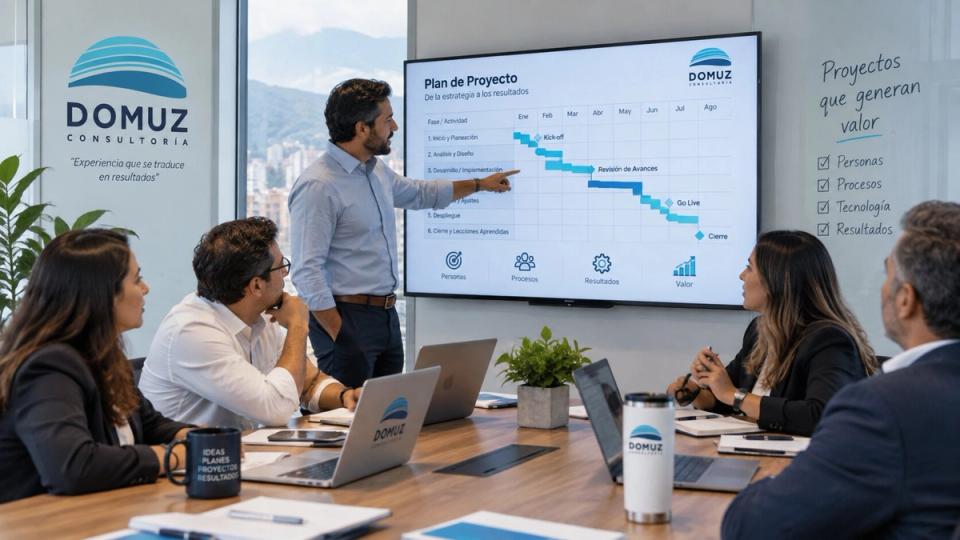 Equipo de proyectos revisando una planificación y sus avances en una pantalla