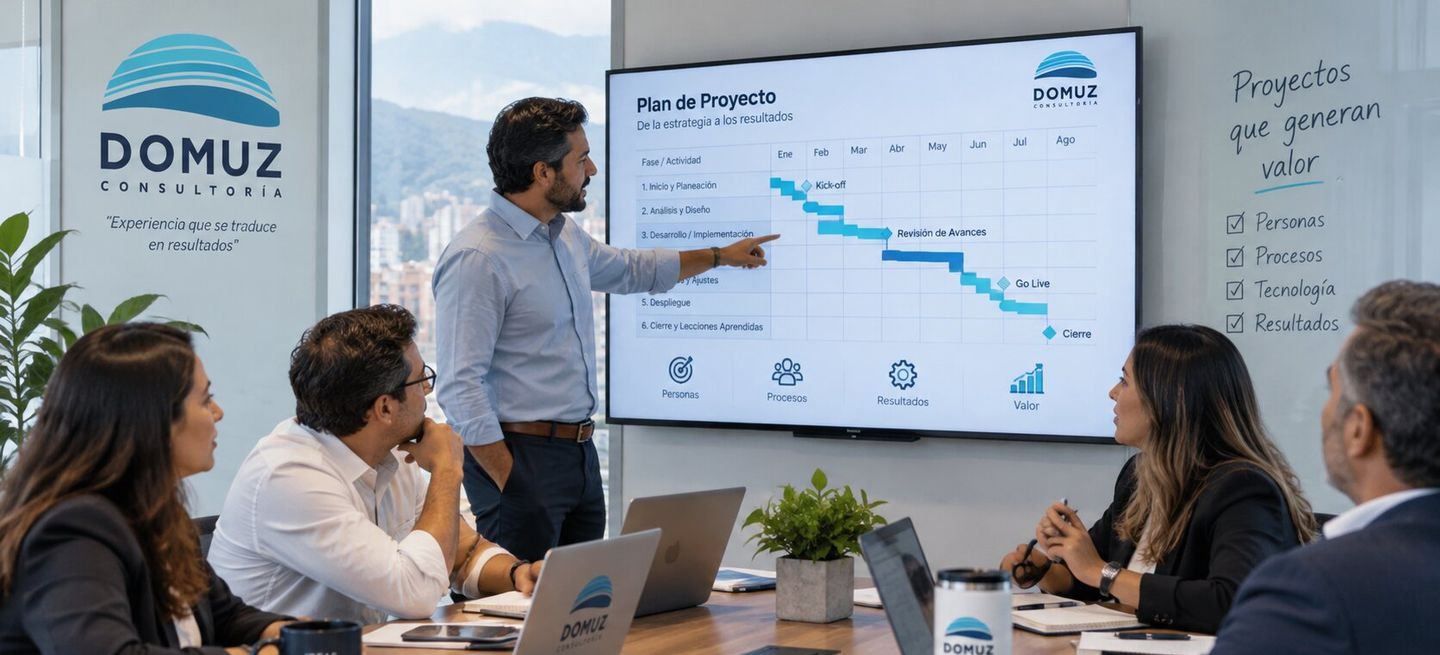 Equipo de proyectos revisando una planificación y sus avances en una pantalla