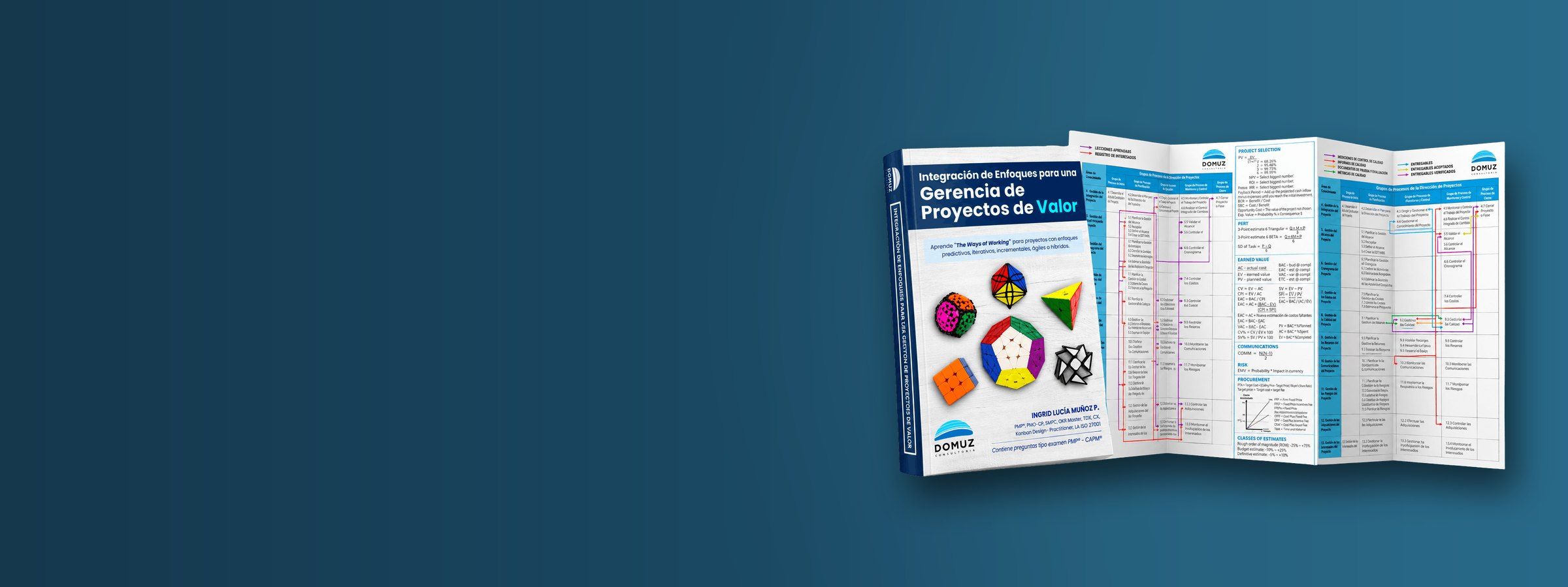 Libro «Integración de enfoques para una gerencia de proyectos de valor» junto al plegable desplegado con las interacciones de procesos y las fórmulas, sobre fondo azul