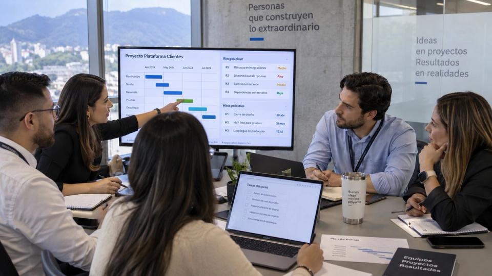 Especialista en gestión de proyectos trabajando junto al equipo de una organización cliente