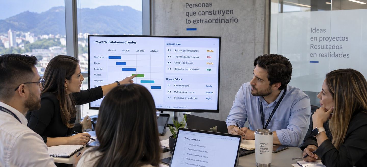 Especialista en gestión de proyectos trabajando junto al equipo de una organización cliente